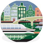 WallCircle - Wandcirkel ⌀ 30 - Illustratie van Amsterdam met groene tinten - Ronde schilderijen woonkamer - Wandbord rond - Muurdecoratie cirkel - Kamer decoratie binnen - Wanddecoratie muurcirkel - Woonaccessoires