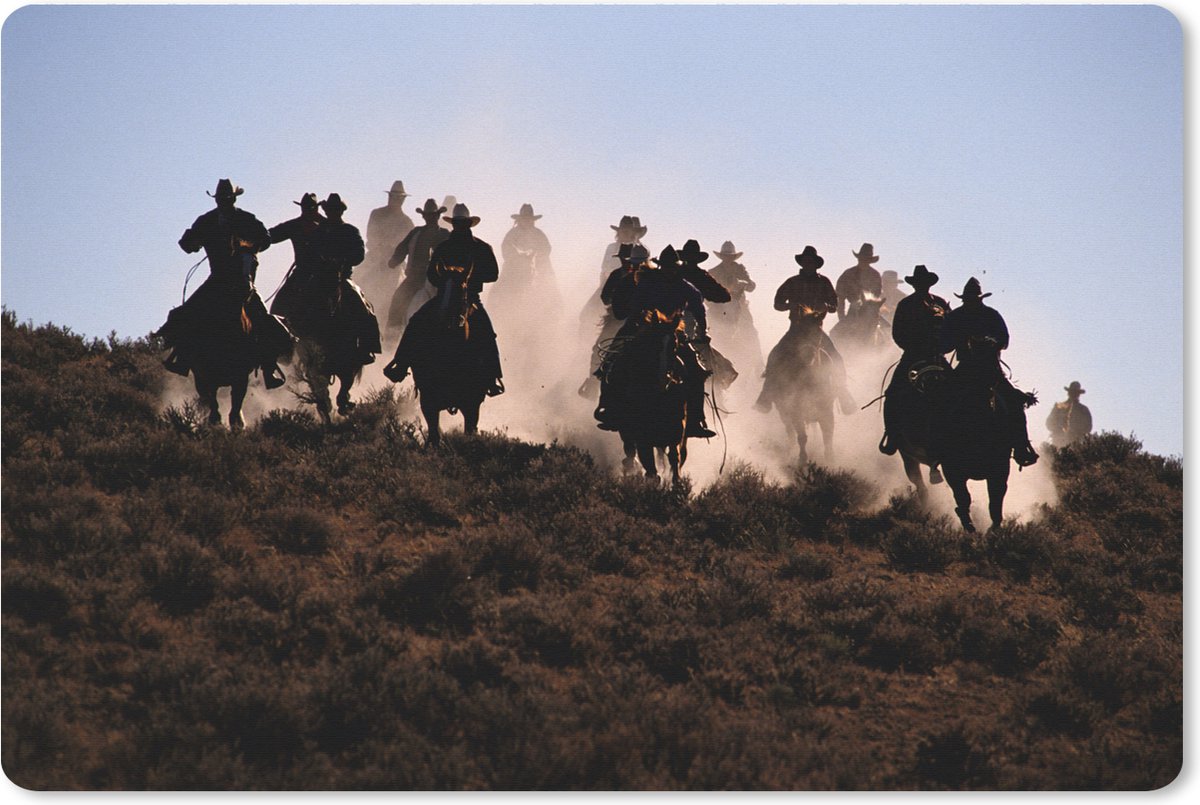 Muismat XXL 120x80 cm - Bureau onderlegger - Bureau mat Cowboys die paarden berijden - Bureaumat - Gaming mousepad xl - Bureaulegger groot - Computer deskmat