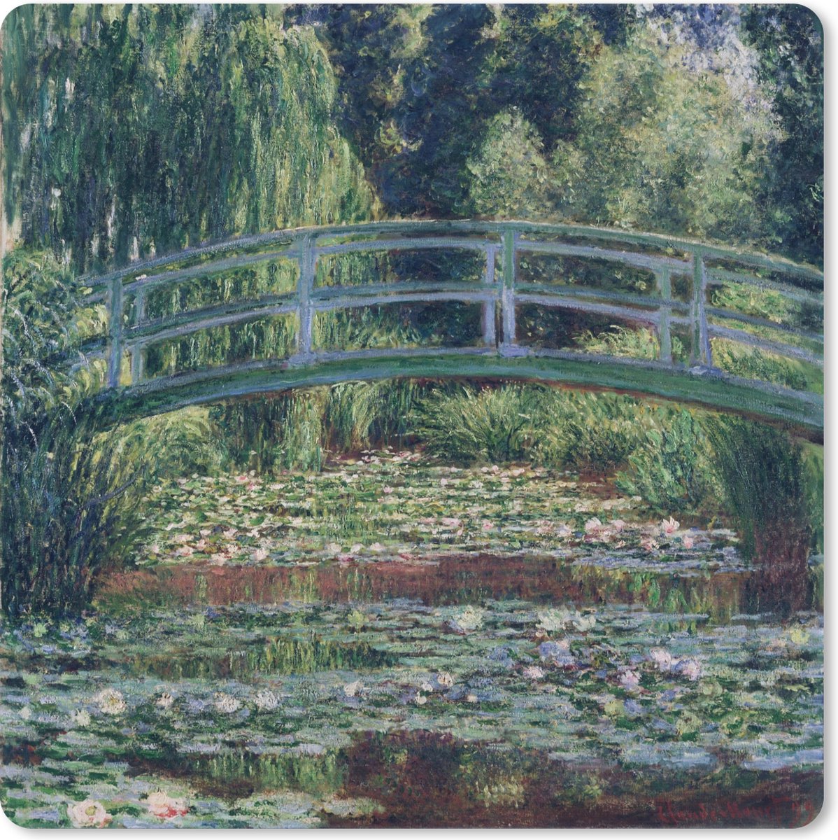 Muismat XXL 40x40 cm - Bureau onderlegger - Bureau mat De Japanse brug en de waterlelies - Schilderij van Claude Monet - Bureaumat - Gaming mousepad xl - Bureaulegger groot - Computer deskmat