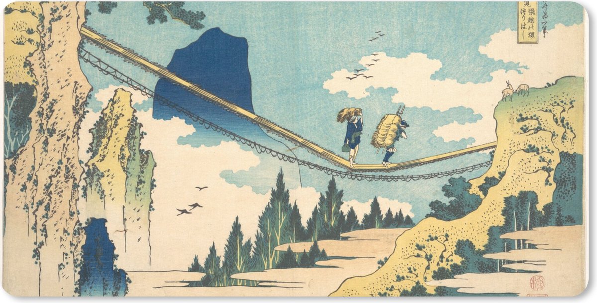 Muismat XXL 80x40 cm - Bureau onderlegger - Bureau mat Hangbrug op de grens van Hida en Etchu - schilderij van Katshushika Hokusai - Bureaumat - Gaming mousepad xl - Bureaulegger groot - Computer deskmat