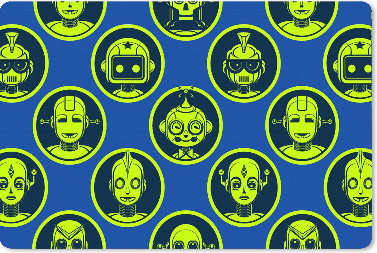 Muismat XXL 90x60 cm - Bureau onderlegger - Bureau mat Patronen - Robot - Geel - Blauw - Jongens - Kinderen - Kids - Jongetje - Bureaumat - Gaming mousepad xl - Bureaulegger groot - Computer deskmat