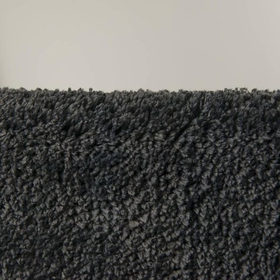 Gros plan sur le tissu pelucheux, gris foncé, du tapis de bain.