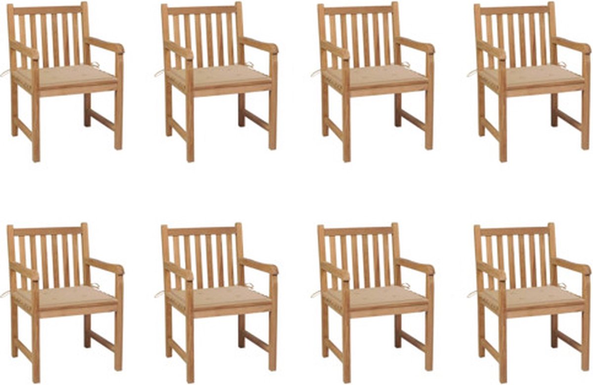 vidaXL - Tuinstoelen - 8 - st - met - beige - kussens - massief - teakhout