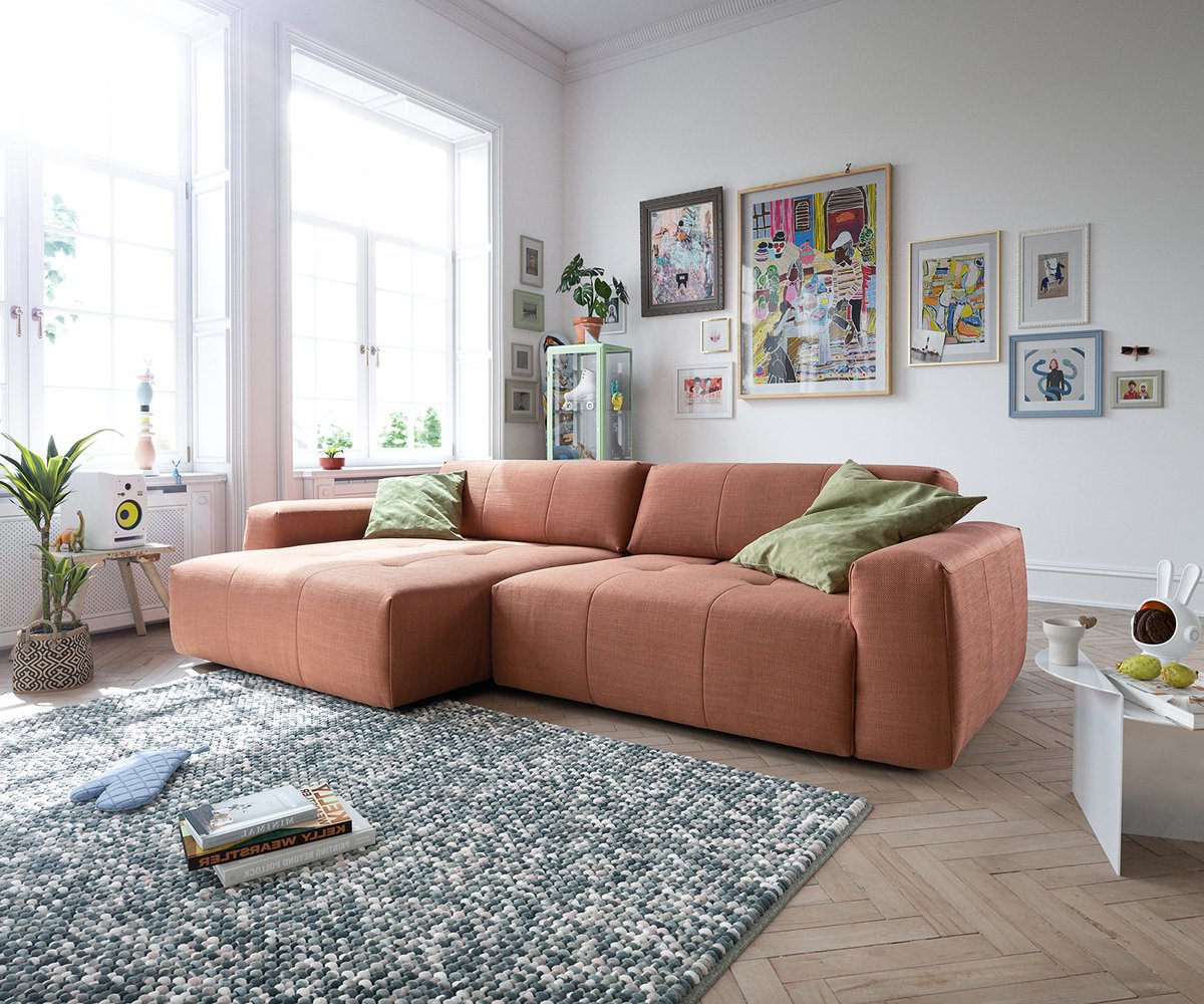Hoekbank Lazaro geweven oranje 300x160 cm voetenbank links met diepteverstelling