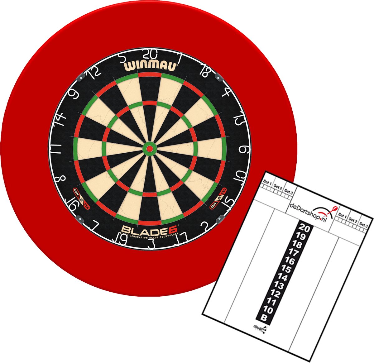 Dragon Darts - Winmau Blade 6 dartbord - Dartbord surround ring - Scorebord - Rood