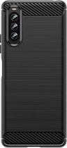 Sony Xperia 10 IV Hoesje - MobyDefend TPU Gelcase - Geborsteld Metaal + Carbonlook - Zwart - GSM Hoesje - Telefoonhoesje Geschikt Voor Sony Xperia 10 IV