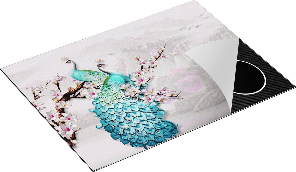 Chefcare Inductie Beschermer Twee Blauwe Pauwen - Abstract - 71x52 cm - Afdekplaat Inductie - Kookplaat Beschermer - Inductie Mat