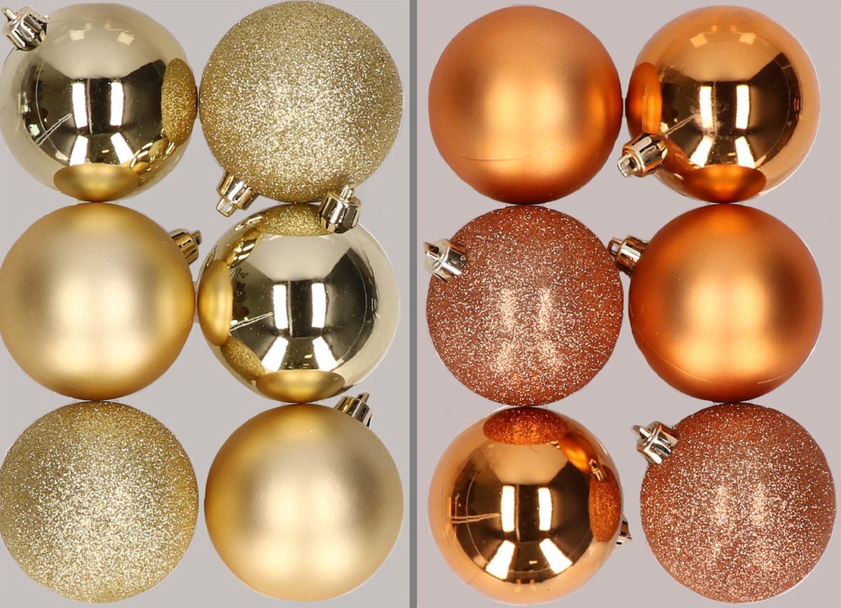 12x stuks kunststof kerstballen mix van goud en koper 8 cm - Kerstversiering