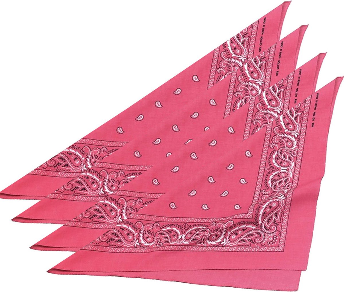 Boeren of cowboy zakdoek bandana - 4x stuks - roze - geruit - 54 x 53 cm - Carnaval verkleed accessiores