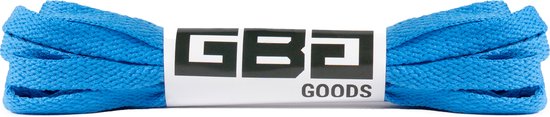 Blauwe platte veters, samengebonden met een label met GBG GOOODS erop.