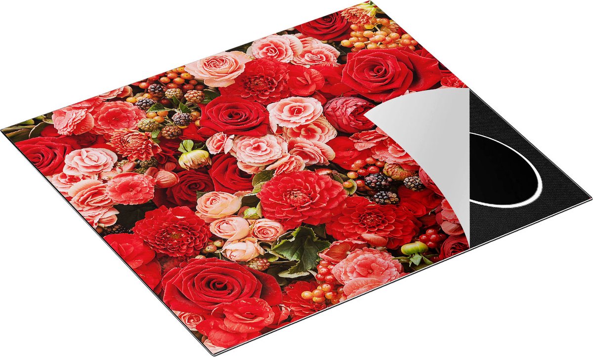 Chefcare Inductie Beschermer Rode en Roze Bloemen met Fruit - Abstract - 59x51 cm - Afdekplaat Inductie - Kookplaat Beschermer - Inductie Mat