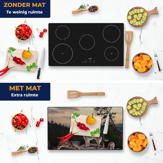 Chefcare Inductie Beschermer Drie Wolven op een Rots in het Bos - 89,6x51,6 cm - Afdekplaat Inductie - Kookplaat Beschermer - Inductie Mat