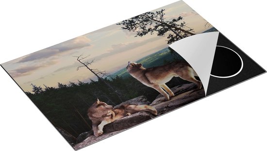 Chefcare Inductie Beschermer Drie Wolven op een Rots in het Bos - 83x51,5 cm - Afdekplaat Inductie - Kookplaat Beschermer - Inductie Mat
