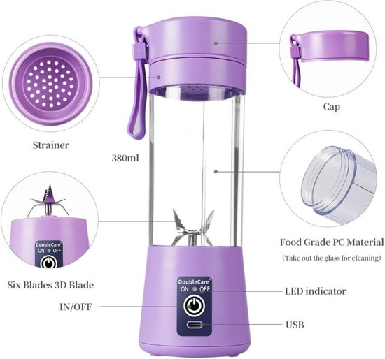 Mini Blender - Paars - Draadloos & Draagbaar - Smoothie Maker - Sapcentrifuge - Mini Juicer - Sap maker - Mini Mixer - USB Oplaadbaar - Vruchtensap - Cup - Fles - Reis - Portable van Merkloos — afbeelding 3