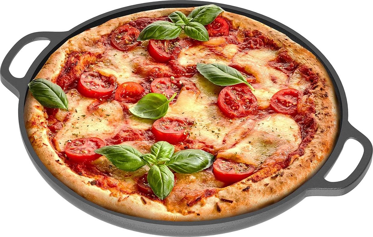 Gietijzeren pizzapan voorgekruide bakpan met handgrepen ronde bakplaat voor Dosa Tawa Roti Comal voor tortilla's bakfornuis oven grill barbecue en kamperen (355 cm)