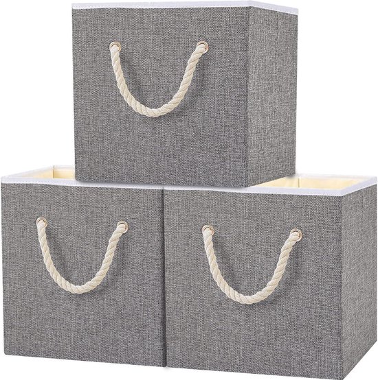 Lot de 3 paniers de rangement pliables – Bacs de rangement ouverts – Poignées en corde épaisse – Organiser les Planches – Vêtements – 33 x 33 x 33 cm – Grijs SNK033G-3