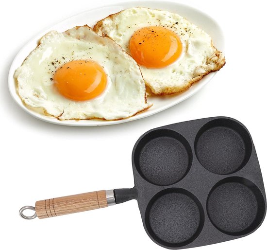 YAOYAOLING Fornuis Omelet Pan, 4-Cup Ei Koekenpan, Gietijzeren Eierkoker Pan, Vier gat ei knoedel pot met platte bodem, Gasfornuis & Inductie Compatibel Houten Helper Handvat