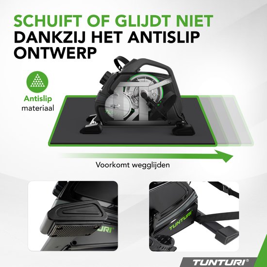 Zwarte hometrainer met een antislipmat eronder, die wegglijden voorkomt. Close-ups van de antislipvoeten en een verstelbare riem.