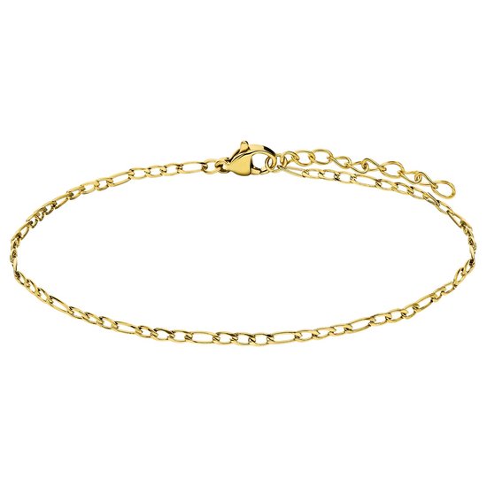 Bracelet gourmette figaro dorée de 2 mm de large, avec un fermoir mousqueton et une chaîne d'extension.