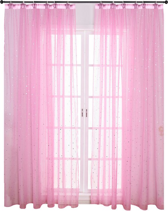 Klein rideau de salon pastoral frais et chaud en tulle argenté avec étoiles, rideau transparent adapté à la chambre à coucher, au salon, à la terrasse, 2 pièces (largeur 100 × hauteur 270) - crochet rose 100*270cm - 100*270cm
