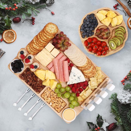 hecef Kaasplank en messenset met acaciahouten schaal, marmeren leisteen en snackdienbladen, voor entertainment, housewarming en cadeau geven (wit