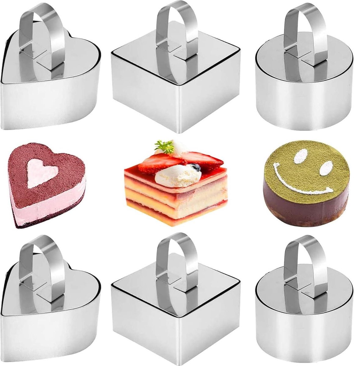 Inovra Plus - Roestvrijstalen Taartringen Set 6 Stuks - Voor Desserts en Gebak - Vierkant, Hartvormig en Rond - Met Lifter - 8 cm