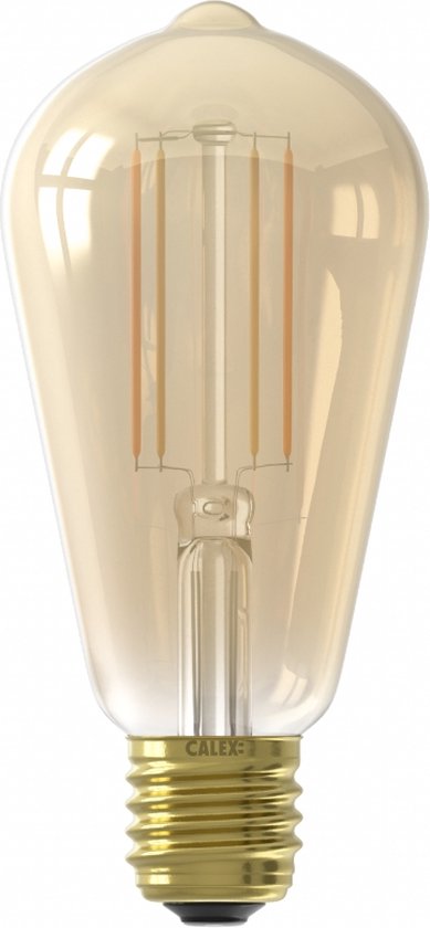 Gouden retro ledlamp met zichtbare filamenten en E27 fitting.