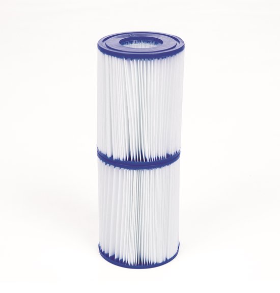 Twee witte Bestway zwembadfilters type II met blauwe banden, staand op een witte achtergrond.