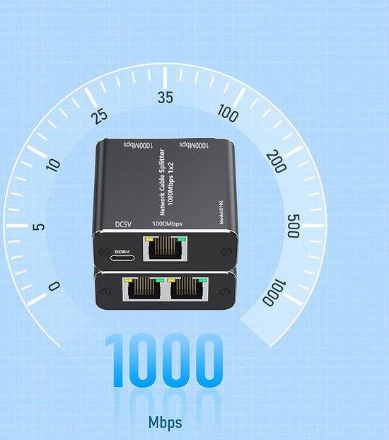 Zwarte 1000Mbps 1x2 netwerkkabel splitter adapter met twee ethernetpoorten, met DC5V aansluiting en een meter schaal die 1000Mbps aangeeft.