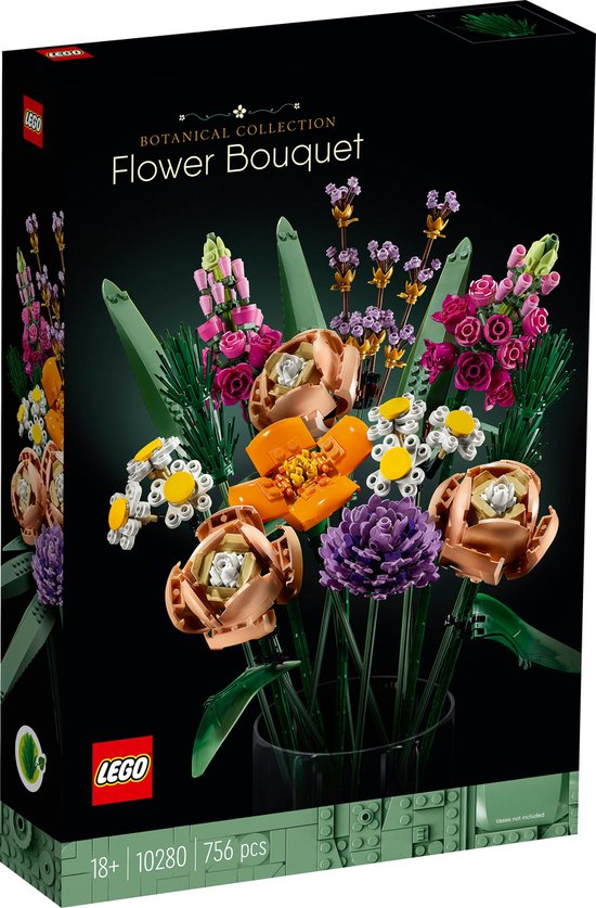 Doos van LEGO Botanical Collection Flower Bouquet met veelkleurige LEGO bloemen.