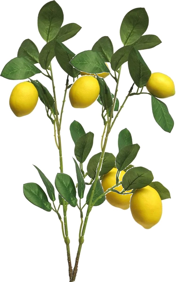 Bellatio Design Kunstbloem citrusfruit tak citroen - 5x - 74 cm - geel - losse steel - Kunst zijdebloemen