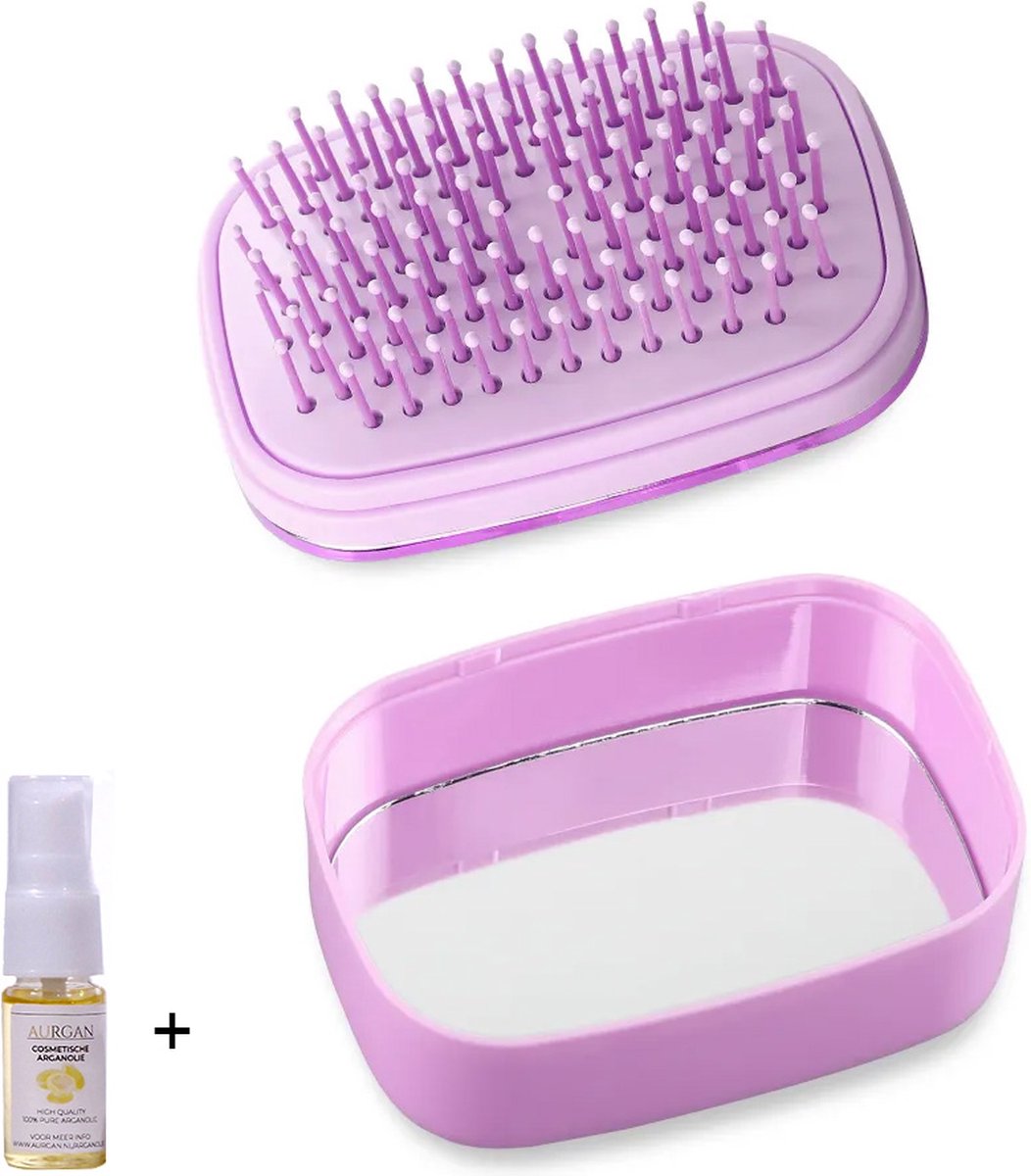 Aurgan Anti-Klit Haarborstel - Paars - Comfortabele Kussen - Zelfreinigende Borstel met spiegel - inclusief 10ml Aurgan arganolie