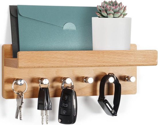 Kldgris Sleutelrek met plank, decoratief houten wandrek, met 5 sleutelhaken, voor ingang, hal, slaapkamer, woonkamer, zwart
