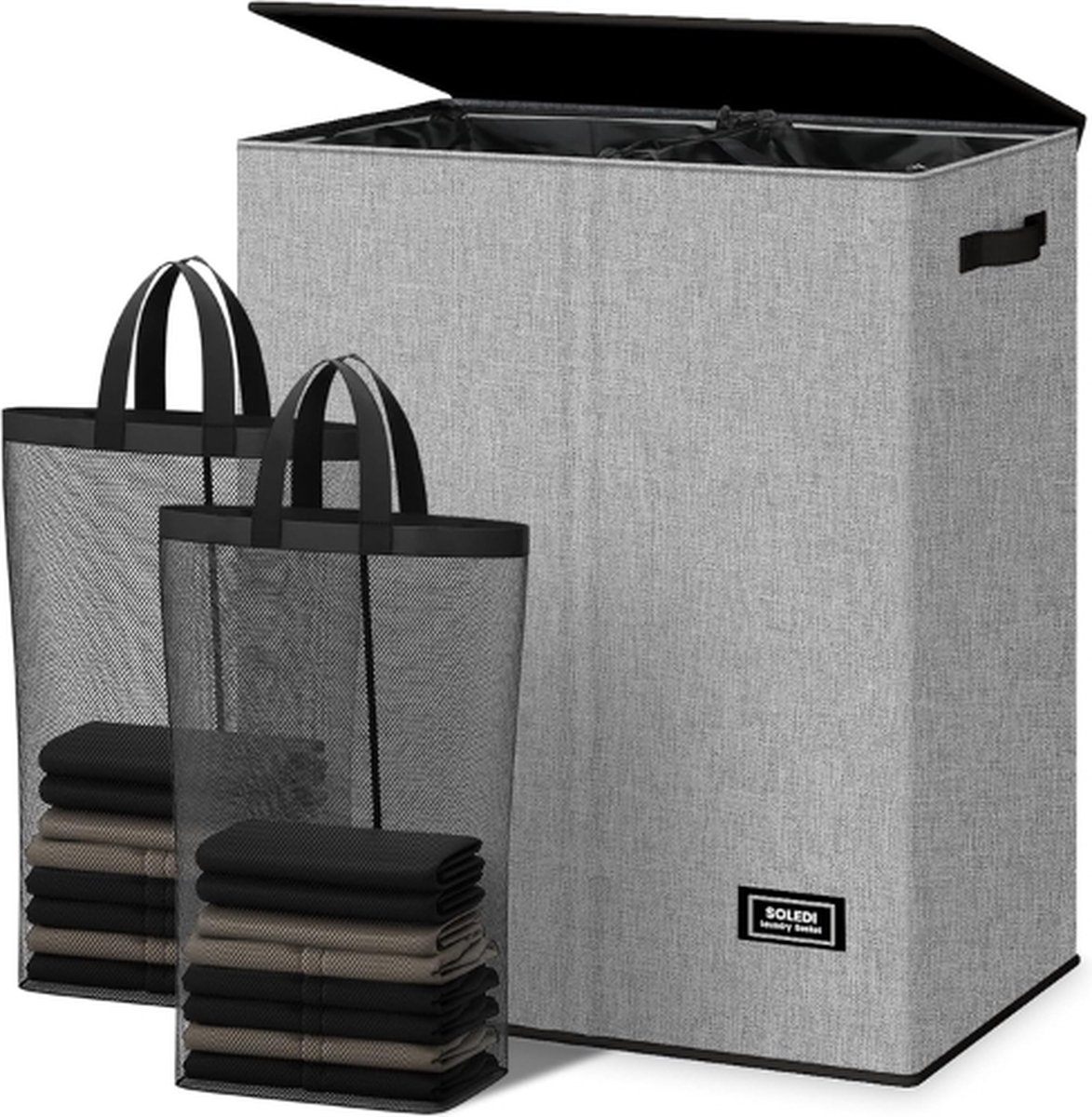 Goedkoopste SOLEDI® Wassorteerder - Wasmand - Wasmand 2 Vakken - Wasmand Met Deksel - Wasmanden - Wasmand Grijs - Was Organizer