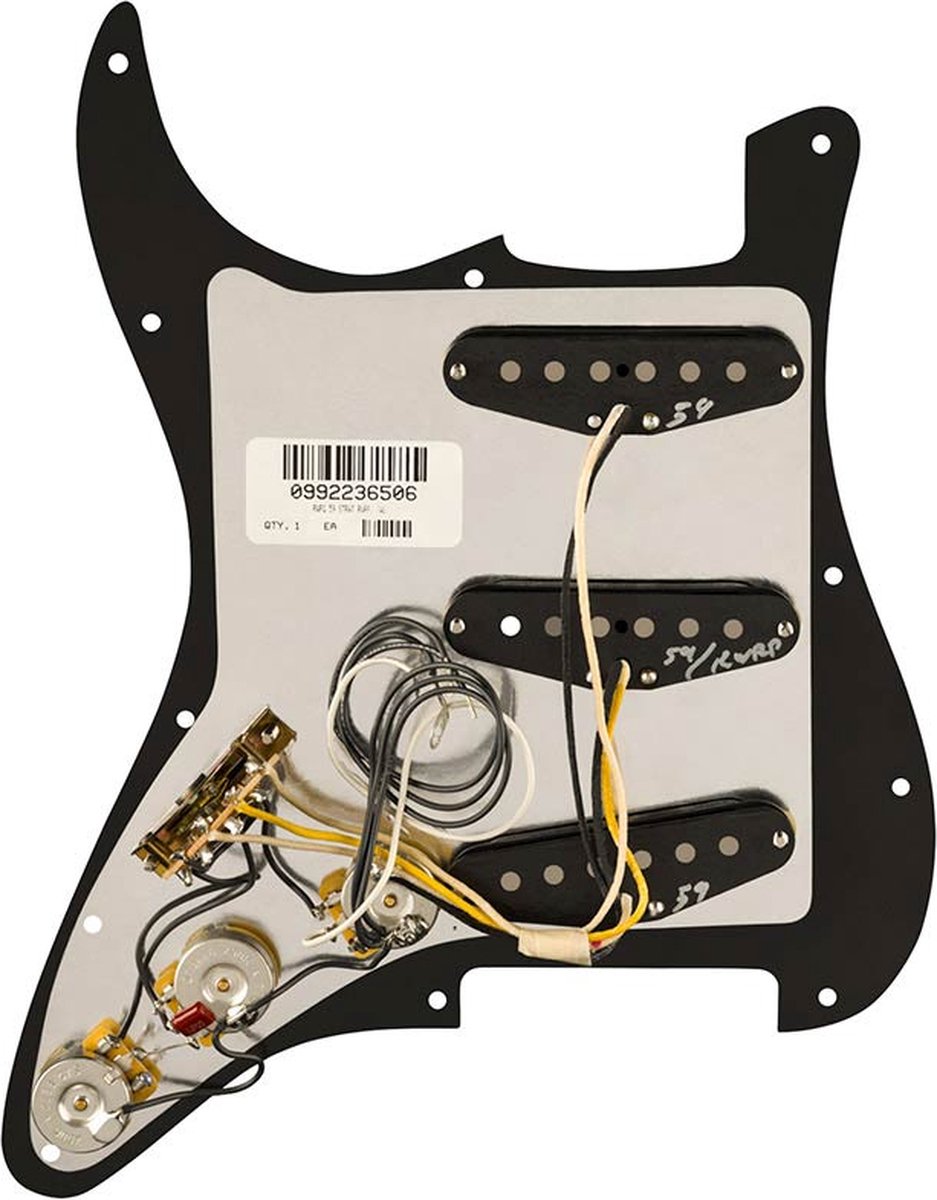 Fender 992236506 Pre-wired Strat Pickguard, Pure Vintage '59 SSS w/RWRP middle, 11 screw holes, black