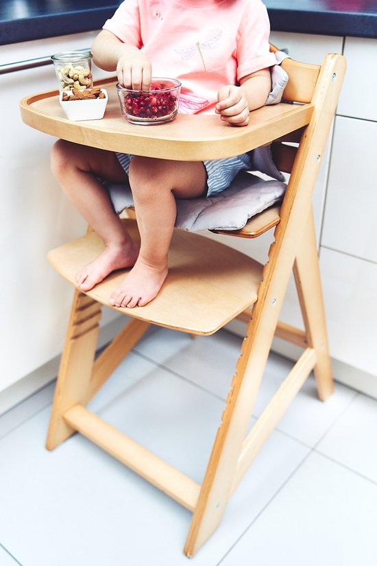 Moby-System Woody kinderstoel, in hoogte verstelbaar, houten eetstoel, zitting met kussen, 3-punts veiligheidsgordel, massief hout van MOB — afbeelding 5
