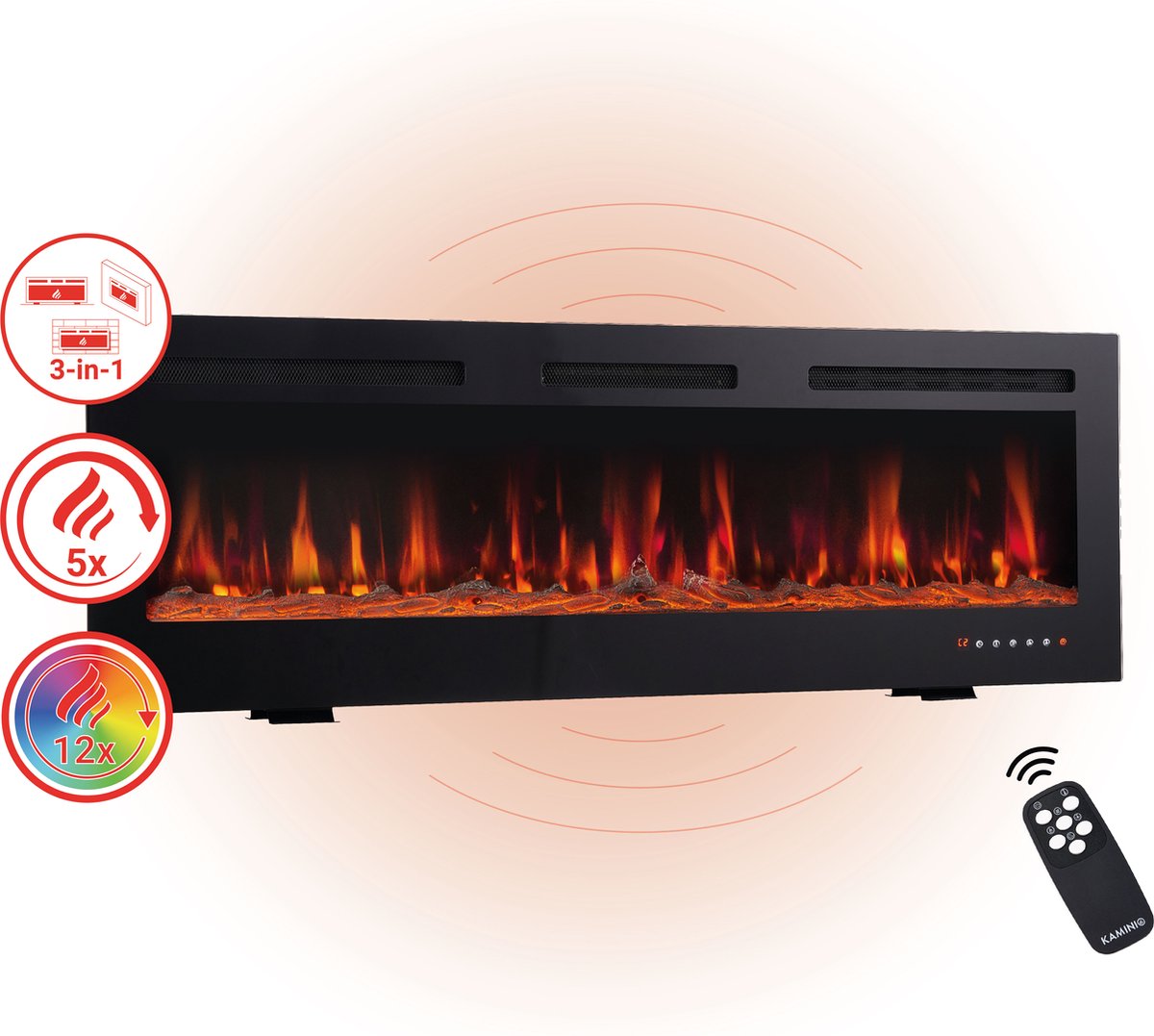KAMINIO Elektrische haard MARLON - Elektrische 3-in-1 haard met verwarming, 3D-vlameffect, 12 vlamkleuren, afstandsbediening - 60 inch