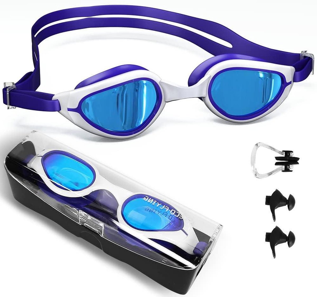 Anti Fog Anti UV Zwembril voor Volwassenen - Geen Lek - Wide View - Met Neus Clips en Oordopjes - Blauw