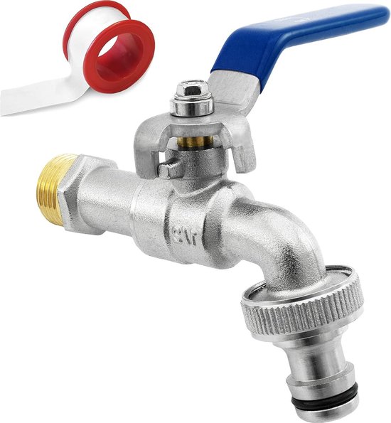 Kogeluitkraan, 3/4 inch kraan van messing, roestvrij staal, met gratis slangaansluiting en PTFE-band, regentondoorvoer met afvoerkraan voor regenton, watertanks, stortbakken, vaten