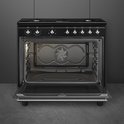 Zwart gasfornuis met open oven deur. De oven is leeg met roosters.