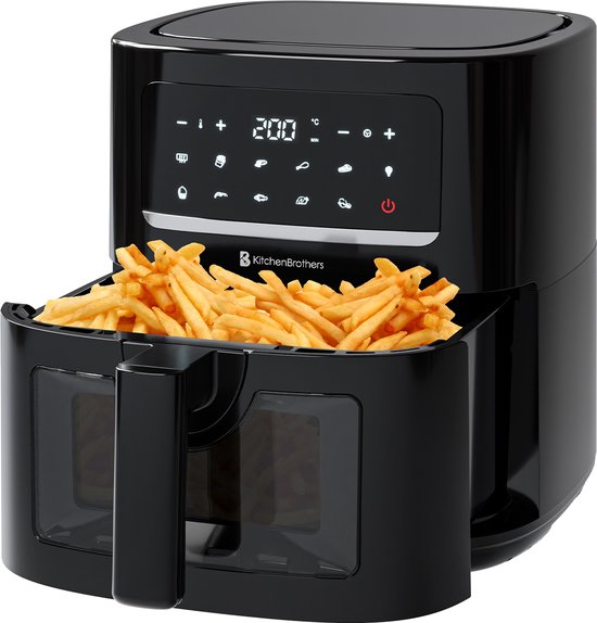 KitchenBrothers Airfryer XL - 6L - 1600W - Heteluchtfriteuse - 50ºC tot 200ºC - 10 Kookprogramma's - Zwart