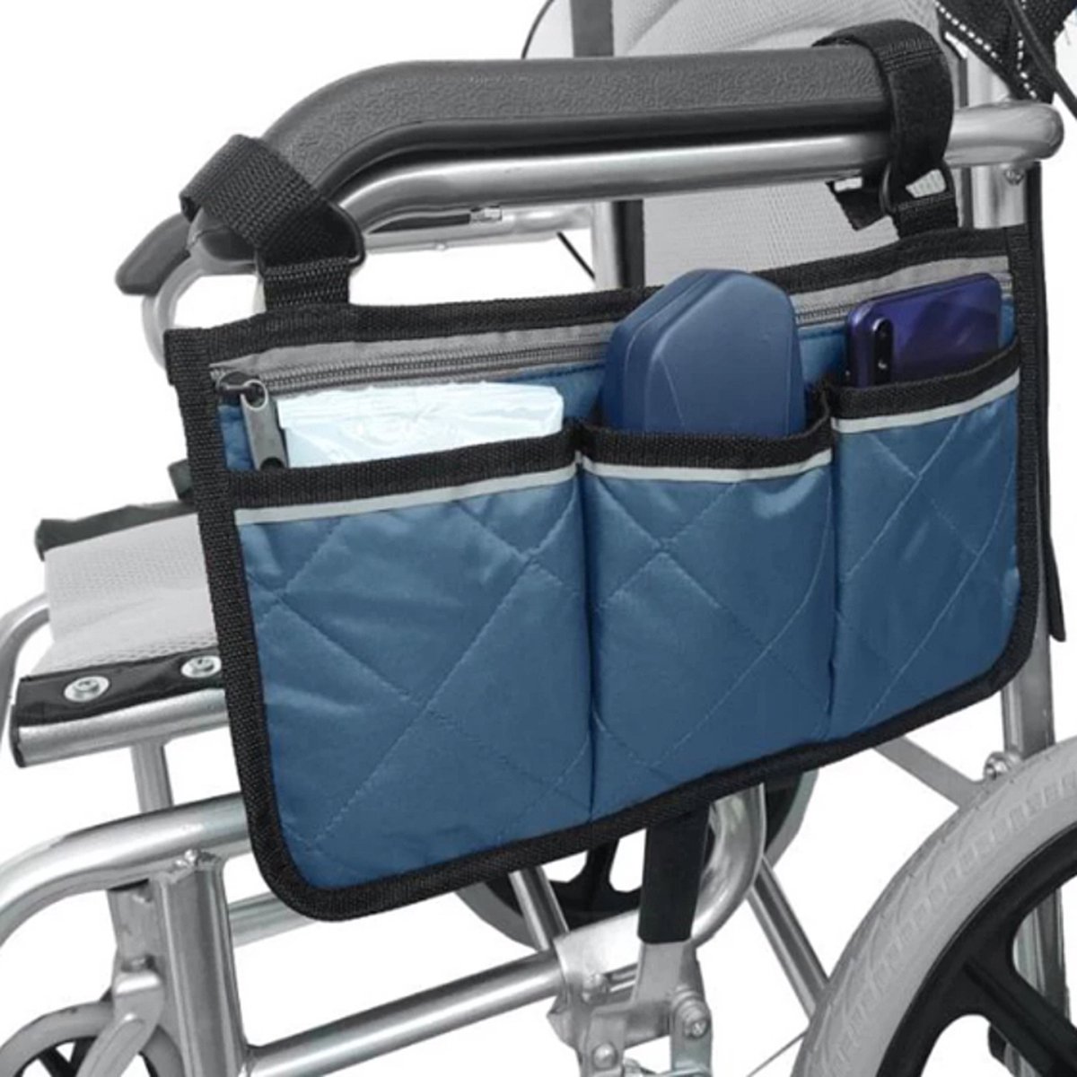 Goedkoopste Allernieuwste.nl® Rolstoel Armsteun Opbergtas Blauw - Rolstoeltas met 4 Opbergvakken - 32.5 x 18 cm - Kleur BLAUW