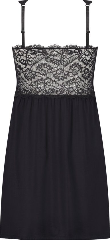 Zwarte slipdress met kanten bovenkant en verstelbare bandjes.