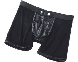 LekkerStout PU Boxershort Met lange Pijpen - Open Kruis - Zwart - Sexy Herenondergoed | XL | ( LS067 )