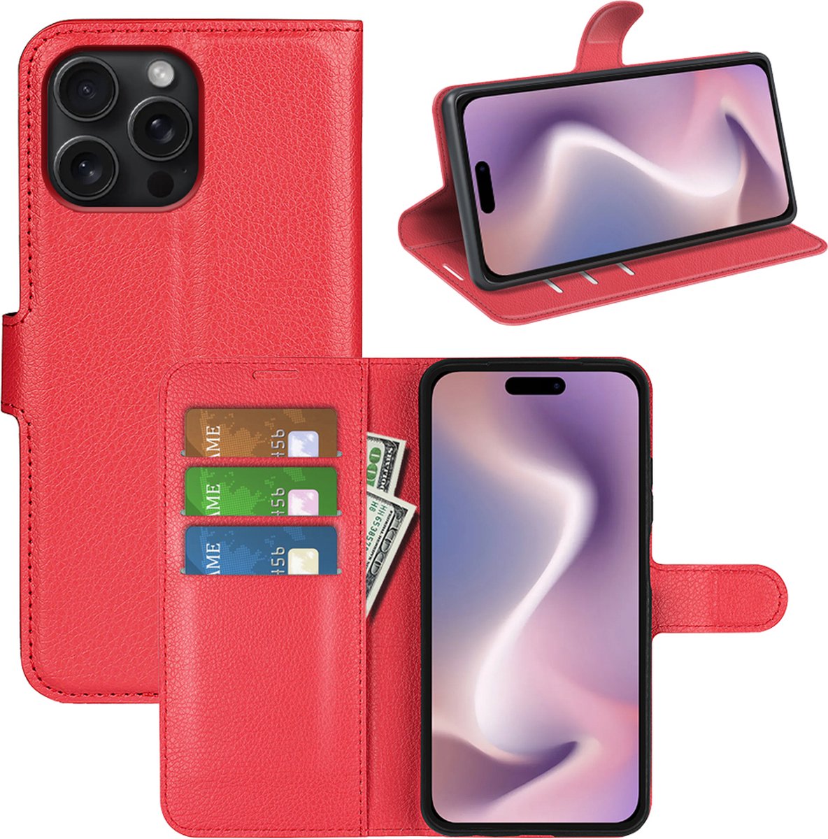 MobyDefend Hoesje - Geschikt voor iPhone 16 Pro Max - Kunstleren Wallet Book Case (Sluiting Voorkant) - Rood