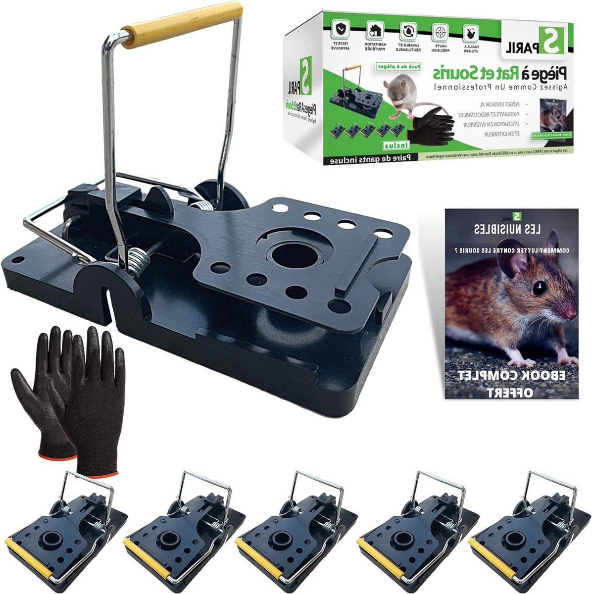 Herbruikbare val met ultrakrachtige veer voor XL ratten en grote muizen - Ebook - Gratis handschoenen - Effectieve ongediertebestrijding