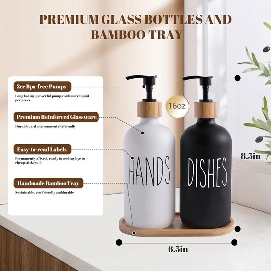 BoBoU Set van 2 glazen zeepdispensers, mat zwart, 320 ml, keramisch oppervlak, retro design, pompkop van bamboe met dienblad, handgeschreven tekst, afwasmiddeldispenser, handzeepdispenser, keuken