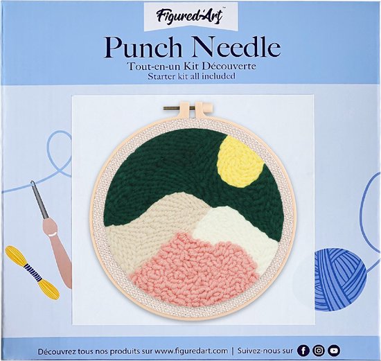 Figured'Art Punch Needle Kit voor Volwassenen en Kinderen - Bergtoppen - Perfect voor Beginners. Compleet klaar-om-te-borduren set, maat 20x20 cm met ronde frame