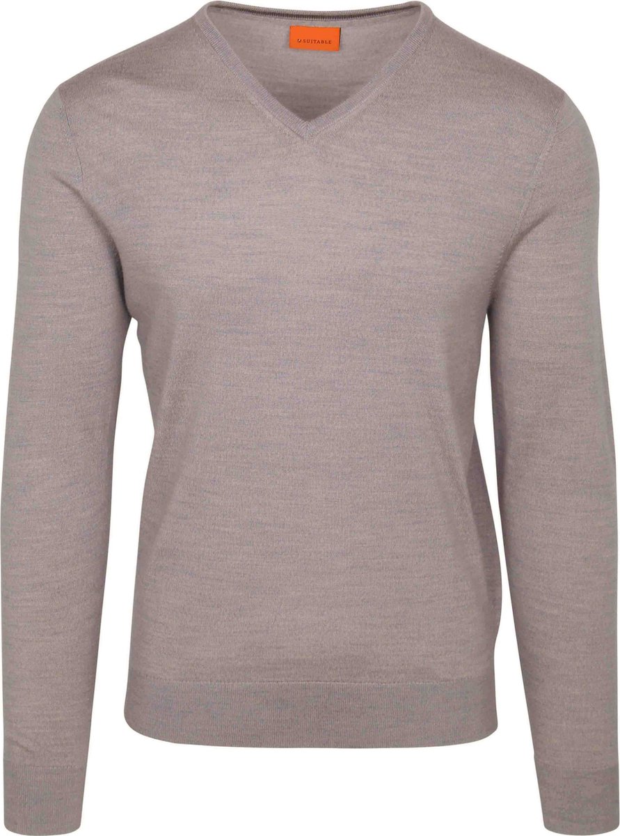 Suitable Merino Pullover V-Hals Greige - Maat L - Heren