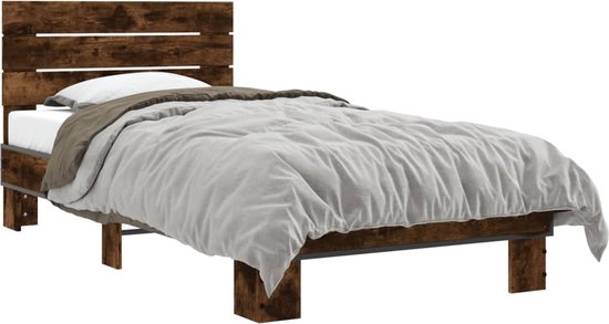 vidaXL - Cadre de lit - décoré - bois - et - métal - fumé - chêne - 90x190 - cm